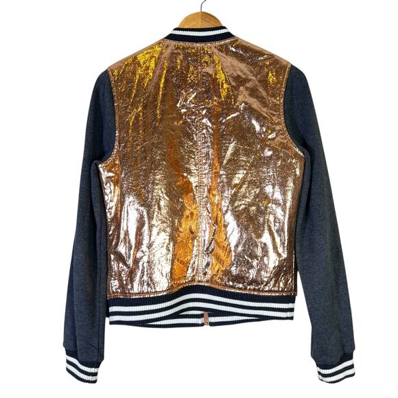 Guess Bomber Jacket Womens M Gold Gray Metallic Foil Varsity Zip Shiny Y2K Glam - Picture 3 of 6